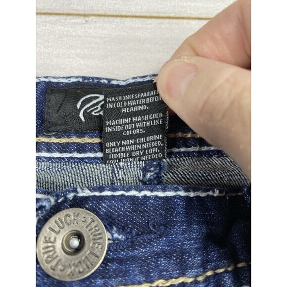 True Luck Jeans Mens 36x30 Blue Denim Dark Wash Straight Leg Distressed Stretch - Picture 4 of 10